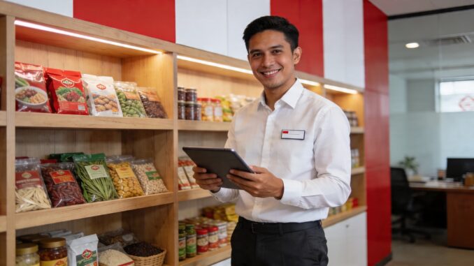 Manager Koperasi Merah Putih menggunakan teknologi digital untuk memantau inventaris produk unggulan desa secara real-time guna memastikan ketersediaan stok bagi anggota.